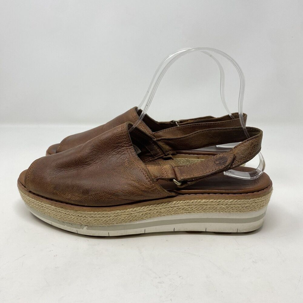 Timberland Womens Emerson Point Peep Toe Platform Sandal Size 8 Brown Leather - Picture 2 of 14